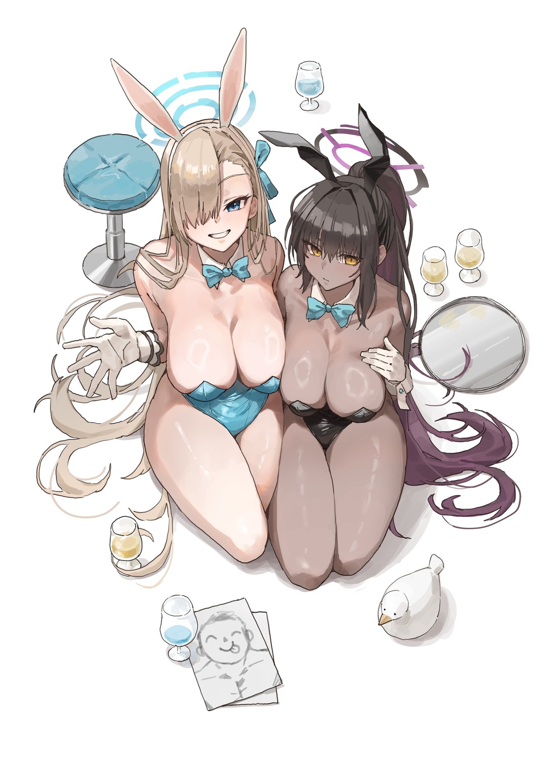 animal_ears blue_archive bunny_ears bunny_girl halo ichinose_asuna kakudate_karin no_bra uuuron_cha