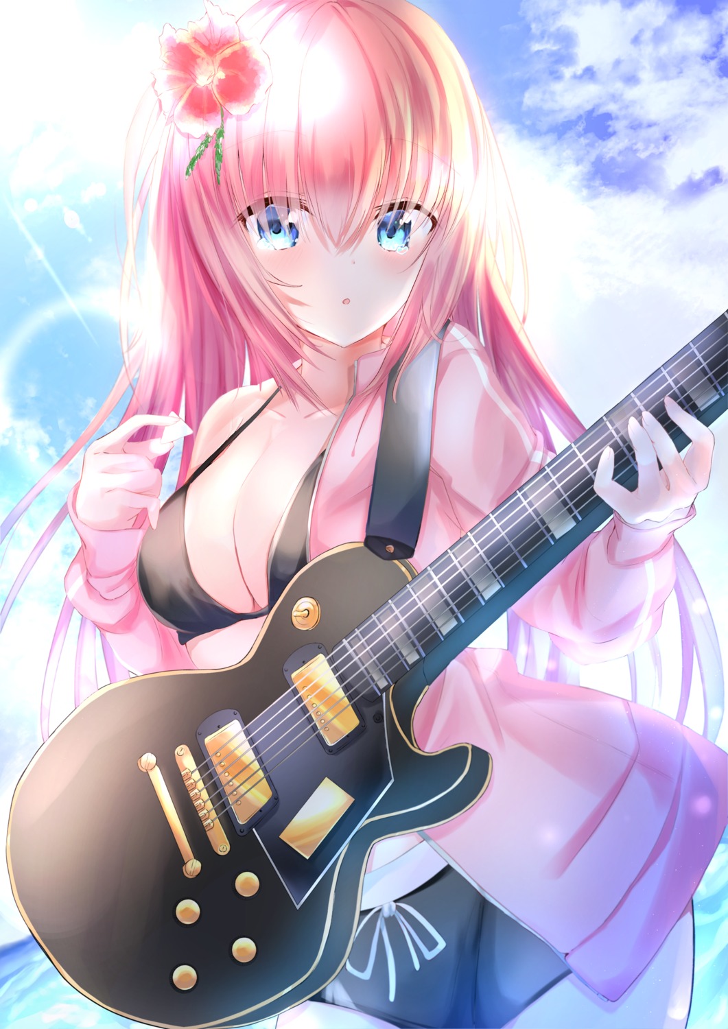 bikini bocchi_the_rock! cleavage gotou_hitori guitar maddo_(gasser_0518) open_shirt swimsuits
