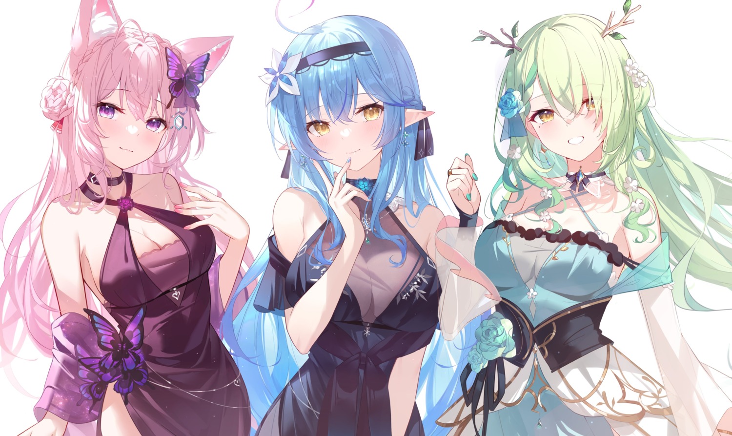 animal_ears black_fire ceres_fauna cleavage dress elf hakui_koyori hololive hololive_english horns no_bra pointy_ears see_through yukihana_lamy