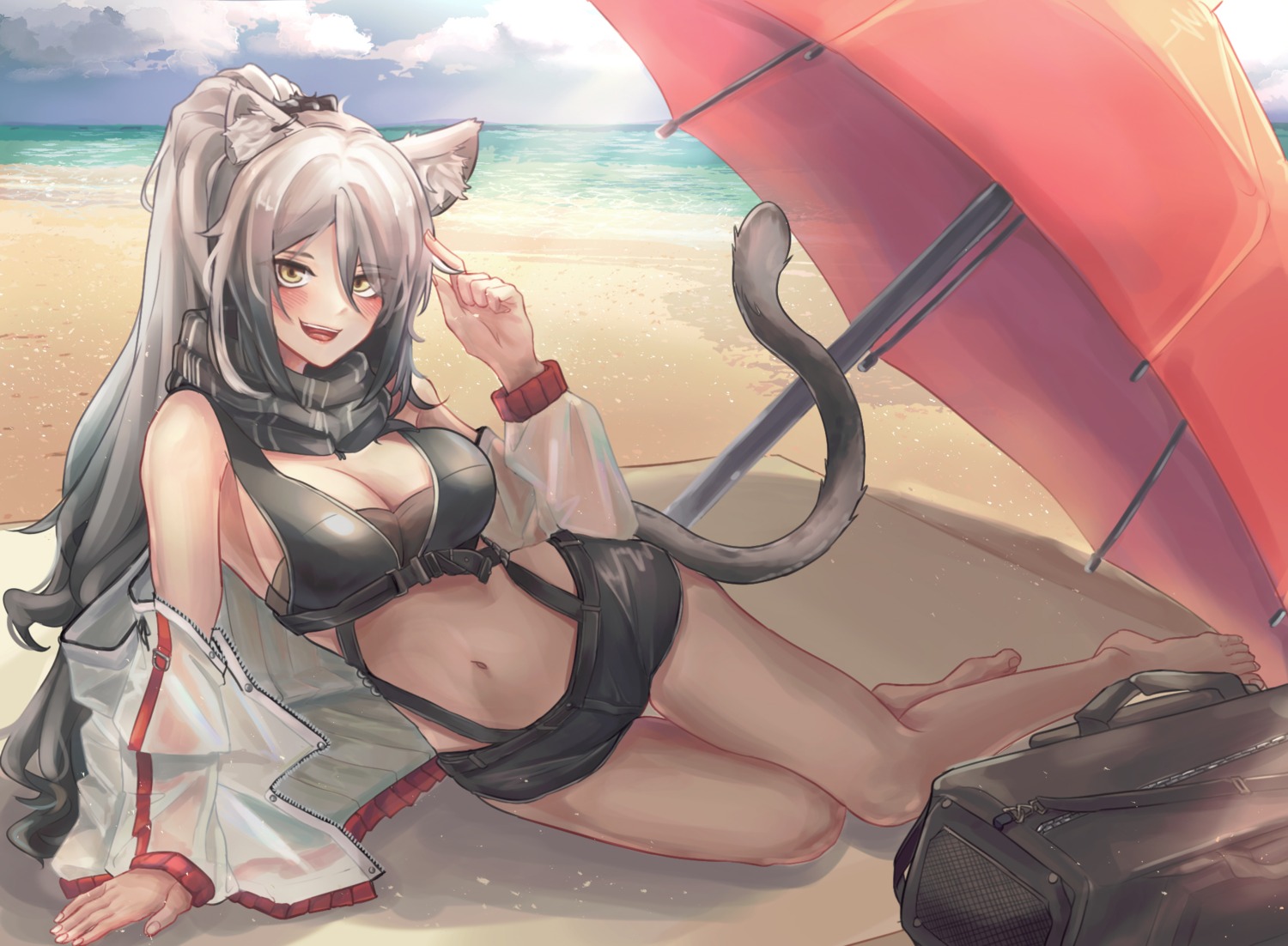 animal_ears arknights bikini_top cleavage open_shirt schwarz_(arknights) swimsuits tail uth_95