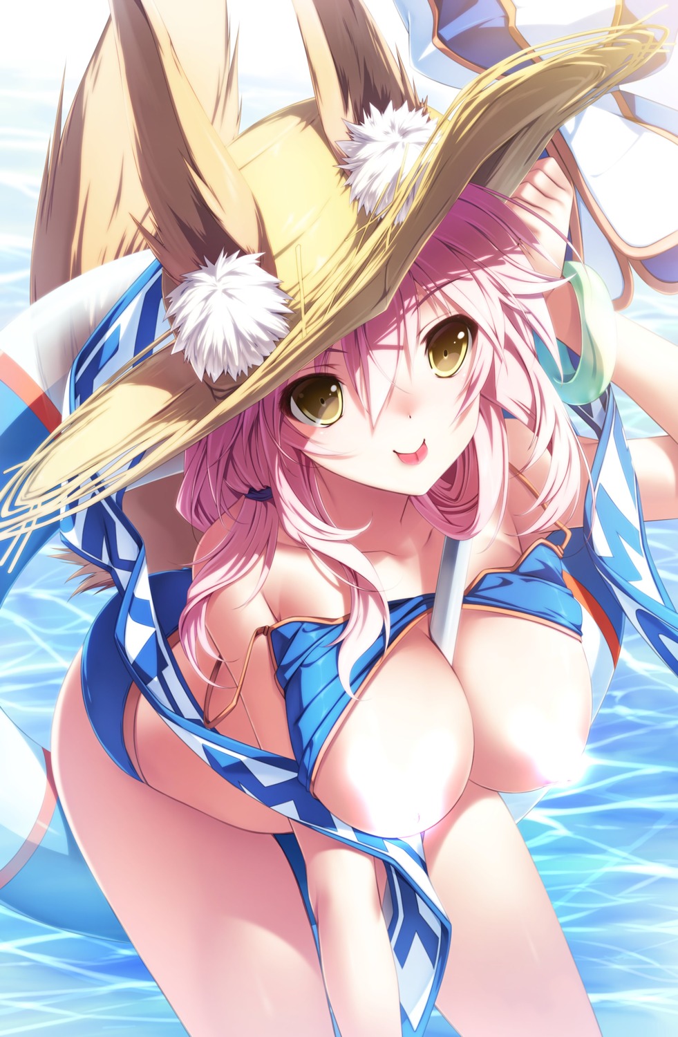 animal_ears bikini breasts censored fate/extra fate/grand_order fate/stay_night kitsune nipples senomoto_hisashi swimsuits tail tamamo_no_mae