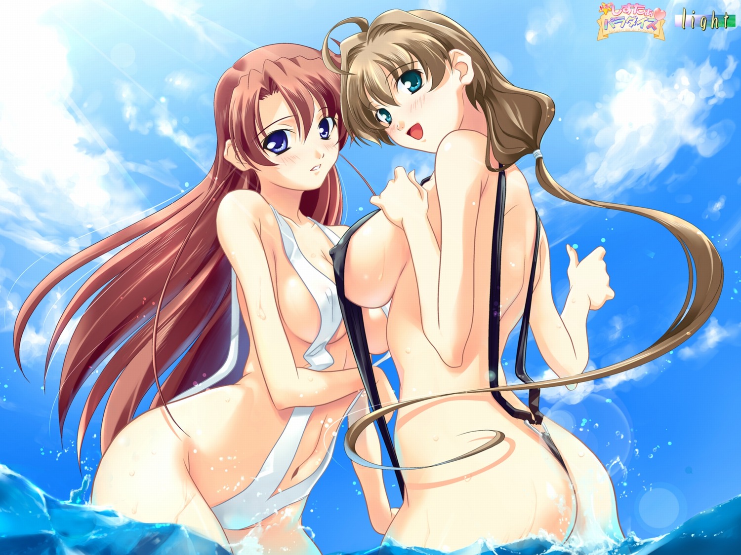 ass doki_doki_sister_paradise erect_nipples fujinomiya_mizuha fujinomiya_yukina izumi_mahiru light sling_bikini swimsuits thong wallpaper wet