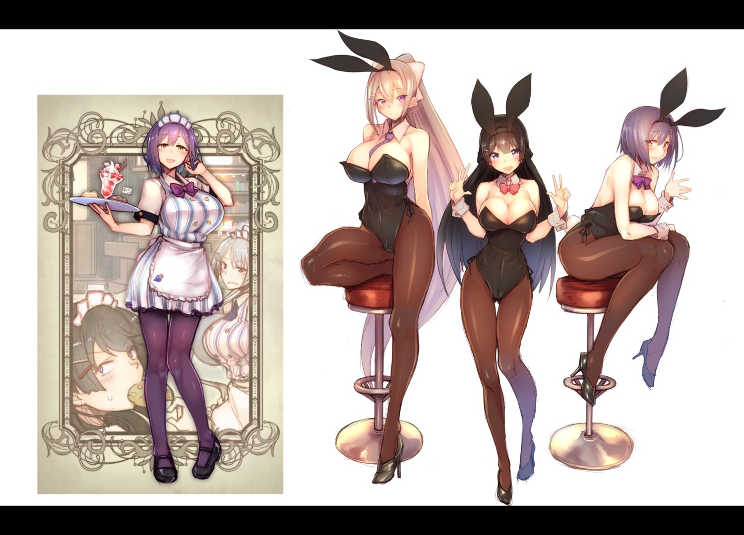 30min-5000yen animal_ears bunny_ears bunny_girl cleavage higuchi_kaede kagami_uekusa nijisanji pantyhose shizuka_rin tsukino_mito waitress