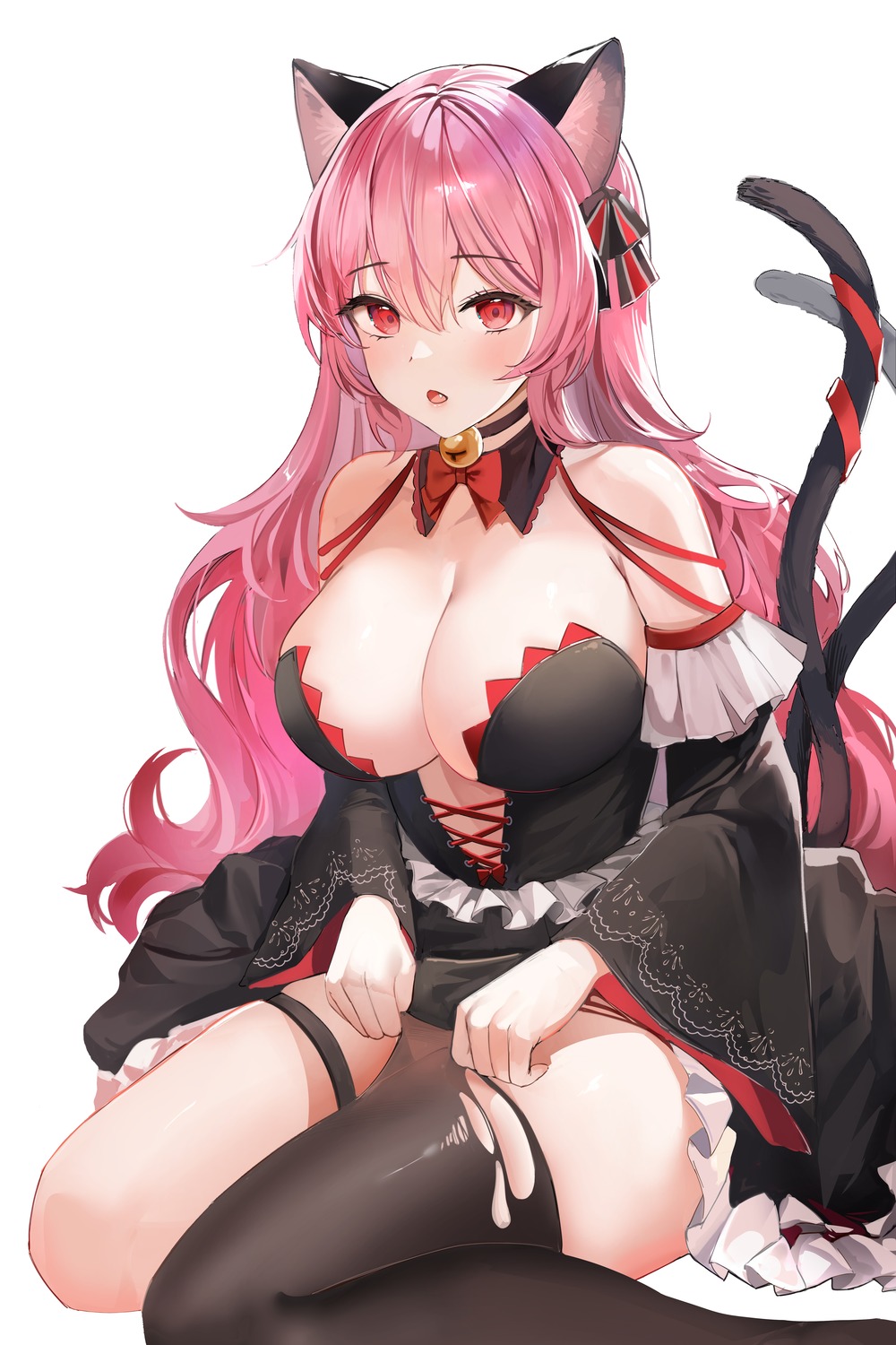 animal_ears dress garter lillly nekomimi no_bra skirt_lift tail thighhighs torn_clothes