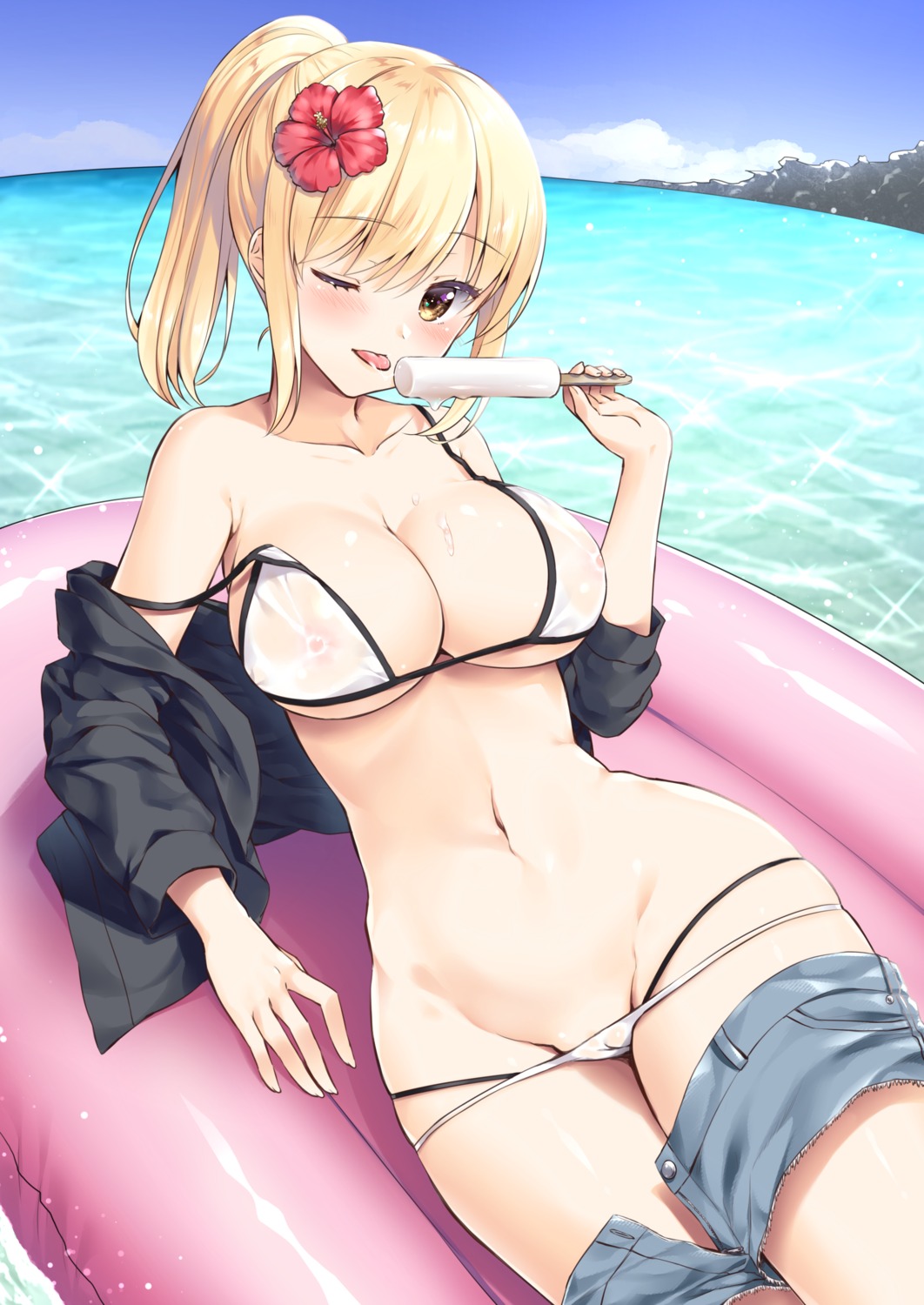 bikini cameltoe cream nipples open_shirt panty_pull see_through swimsuits wakuta_chisaki