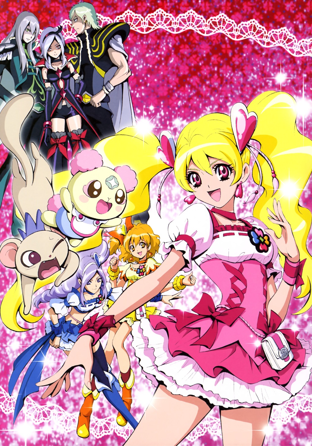aono_miki chiffon_(precure) dress eas fresh_precure! higashi_setsuna kamikita_futago momozono_love precure soular tarte_(fresh) thighhighs westar yamabuki_inori