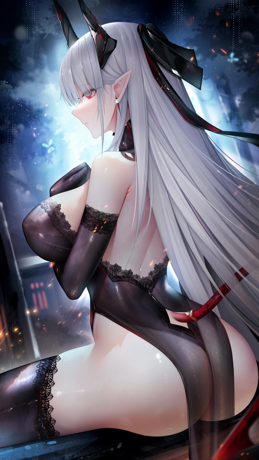 arknights ass breast_hold chained_sarkaz_girl erect_nipples horns leotard no_bra pointy_ears possible_duplicate see_through tail thighhighs zhixue