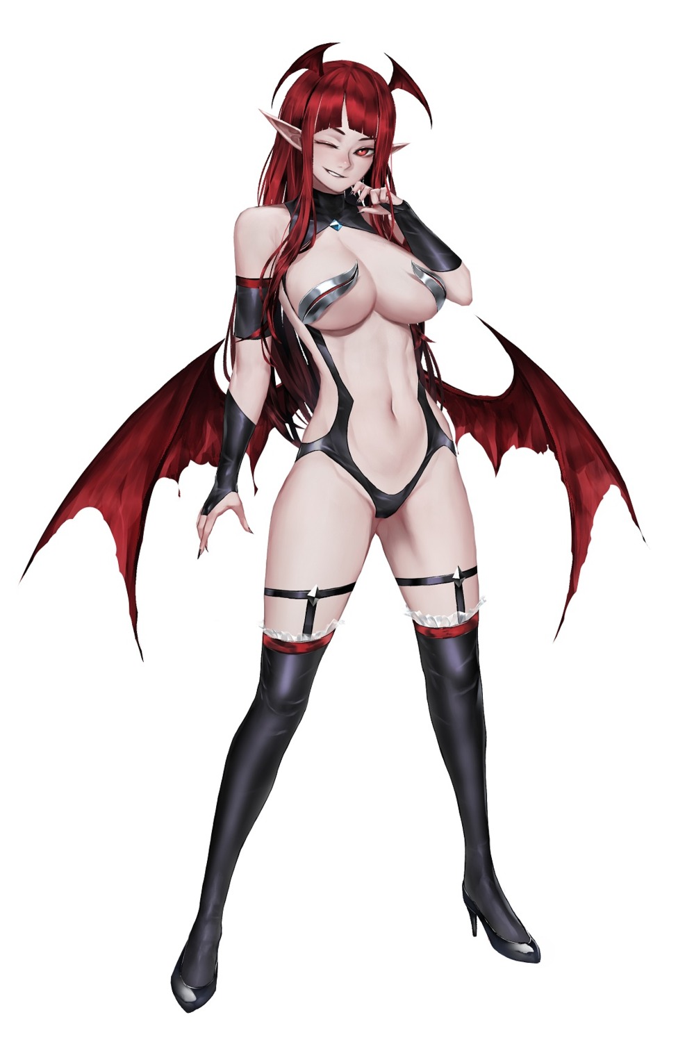 bluecup devil garter heels leotard no_bra pointy_ears stockings thighhighs wings