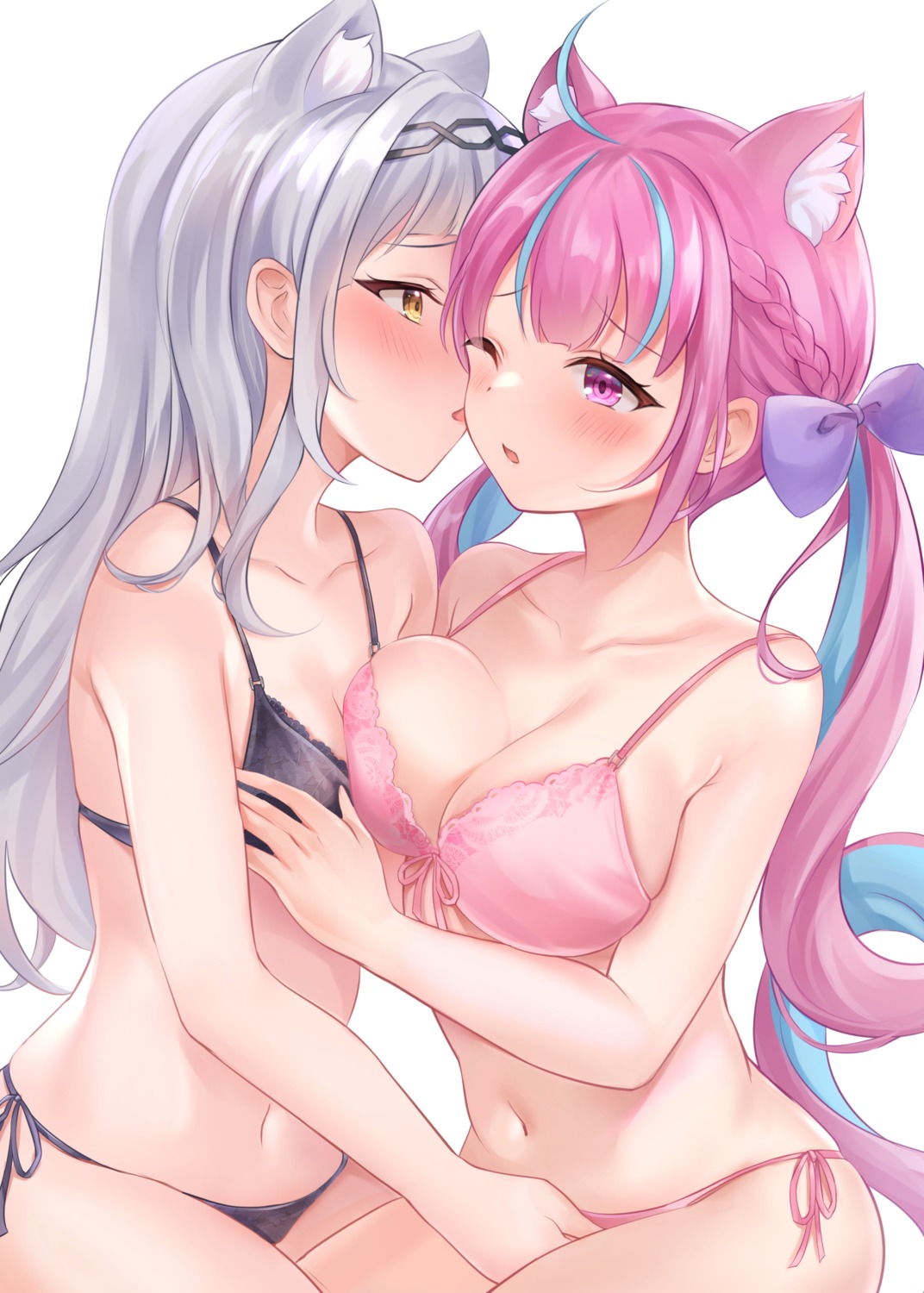 animal_ears bra hololive minato_aqua murasaki_shion nekomimi nikoo pantsu string_panties symmetrical_docking yuri