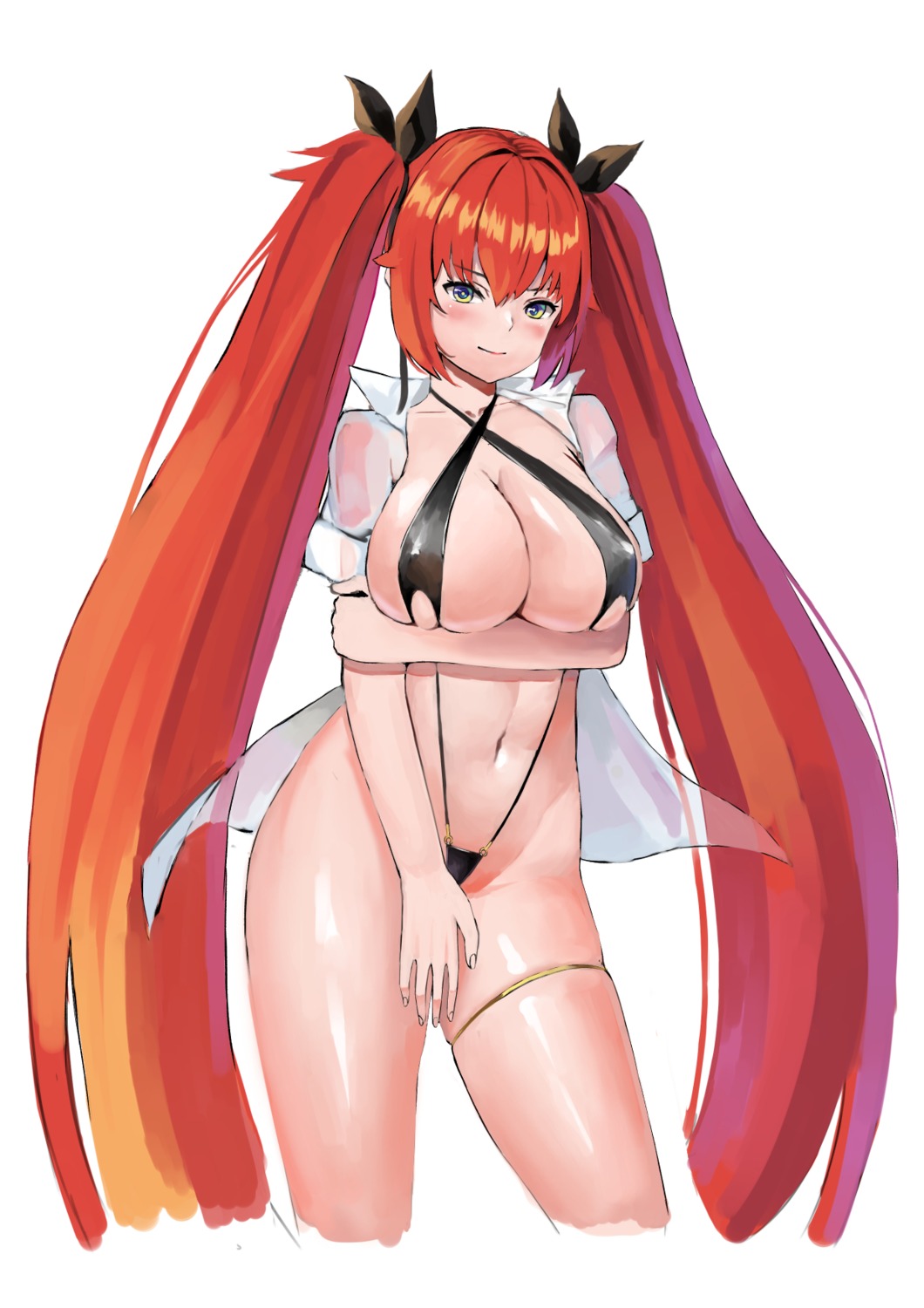 breast_hold dress_shirt garter nonekong open_shirt see_through sling_bikini swimsuits