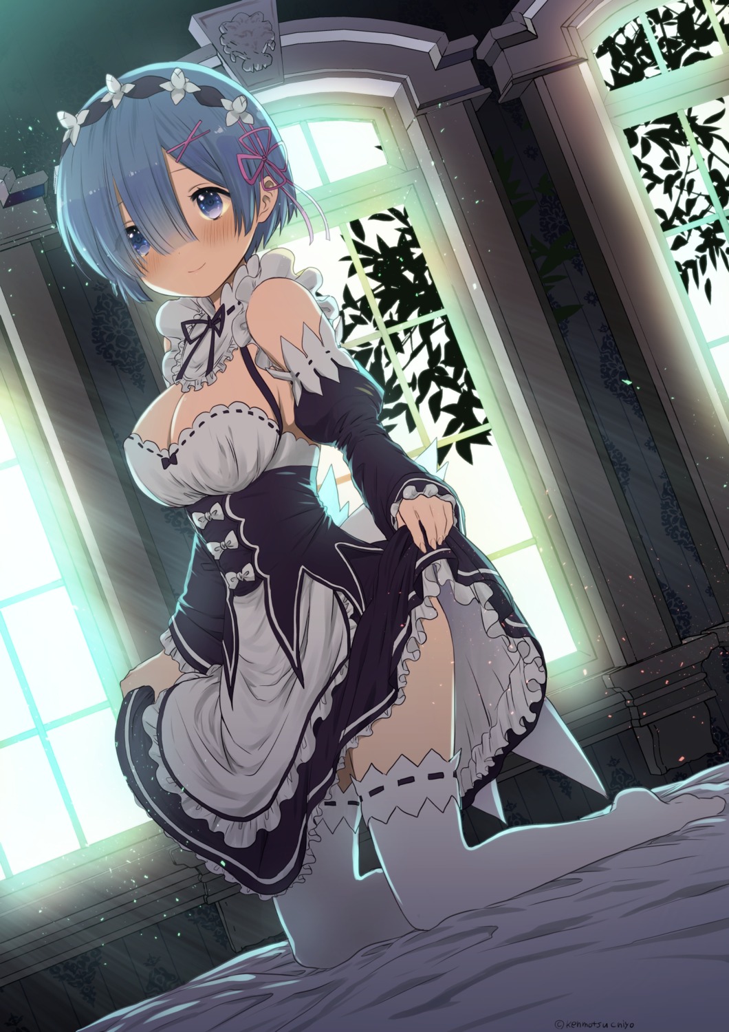 cleavage kenmotsu_chiyo maid re_zero_kara_hajimeru_isekai_seikatsu rem_(re_zero) skirt_lift thighhighs