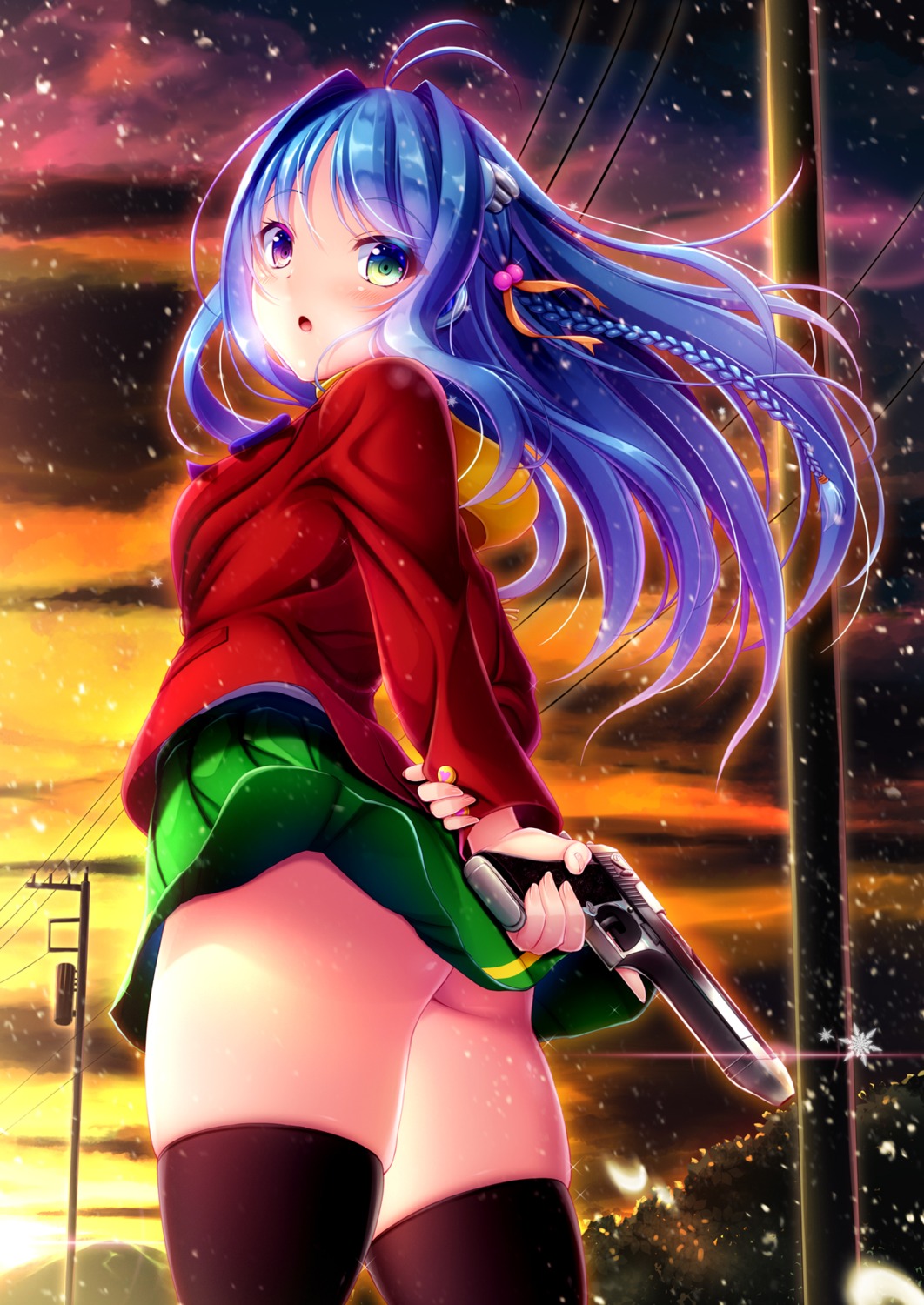 ass gun heterochromia hiro_(725611) nopan seifuku skirt_lift thighhighs