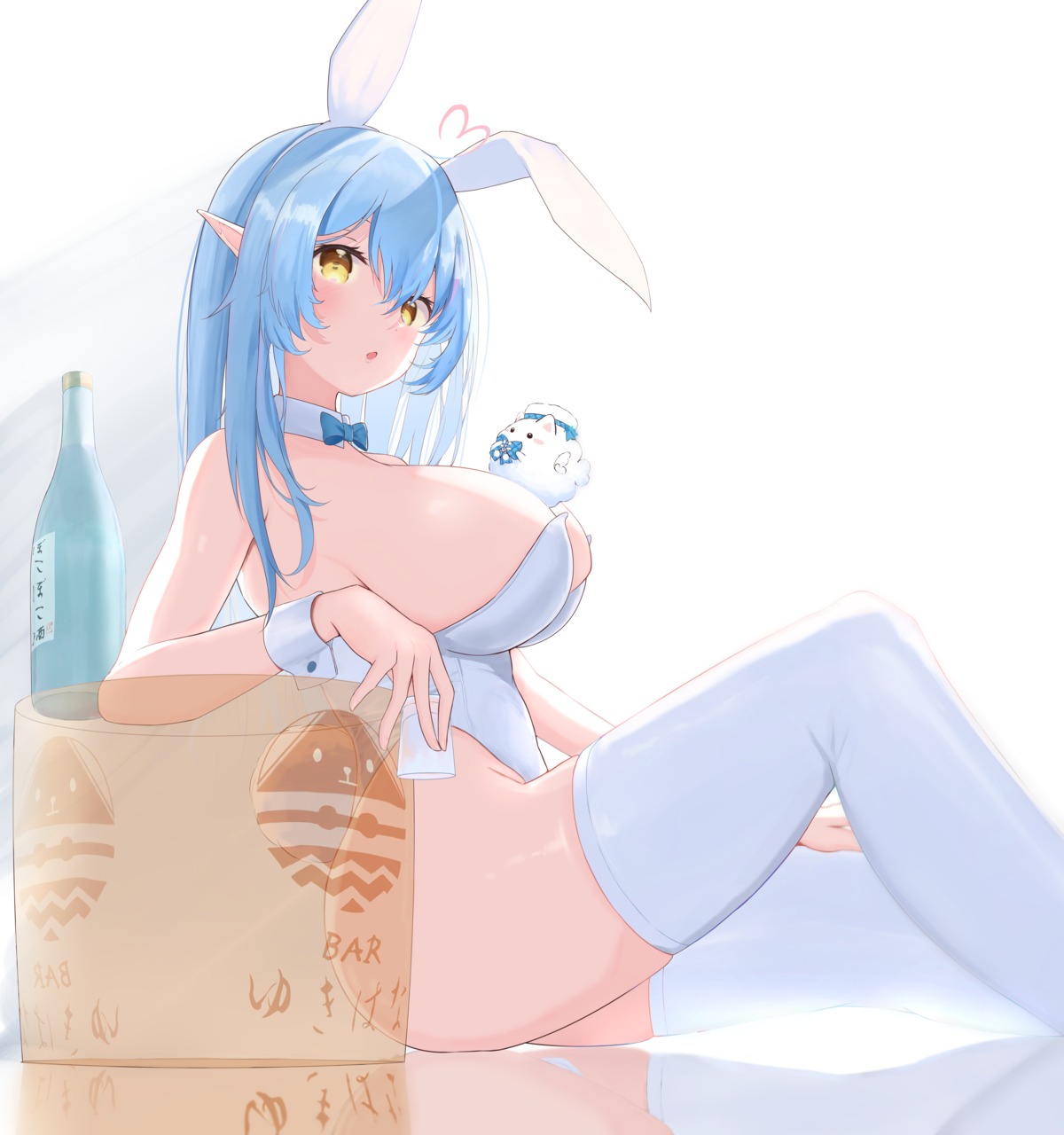 animal_ears bunny_ears bunny_girl elf hololive moubokobokodayo no_bra pointy_ears thighhighs yukihana_lamy