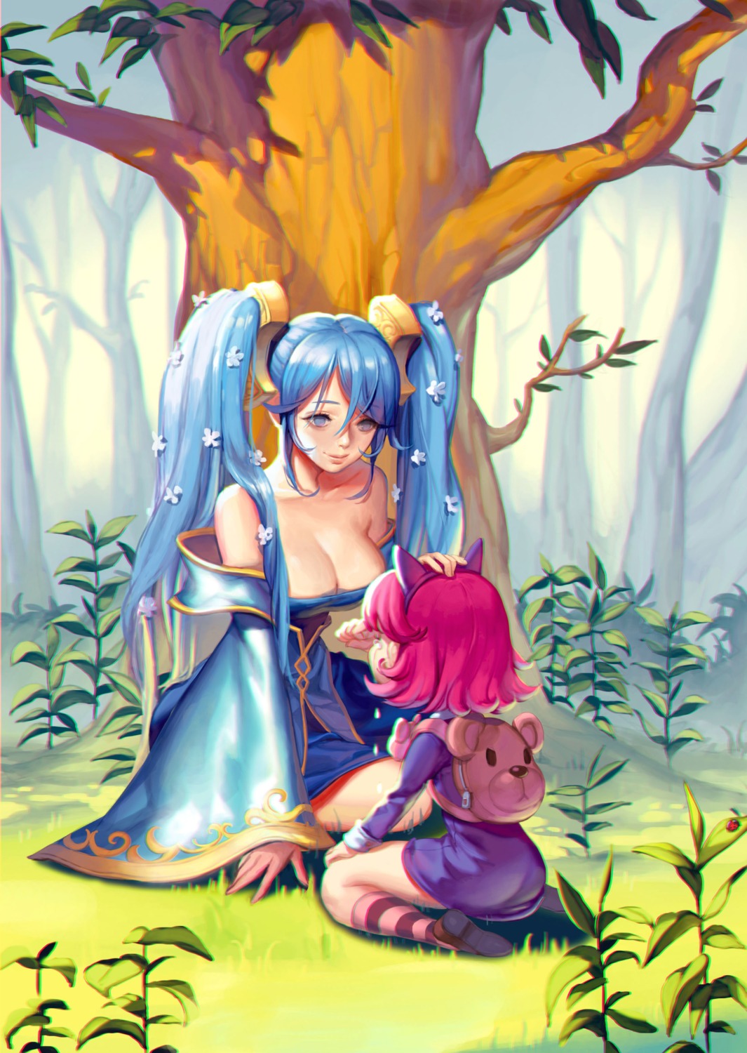 annie_hastur ask_(dreaming_cat) cleavage dress league_of_legends no_bra sona_buvelle