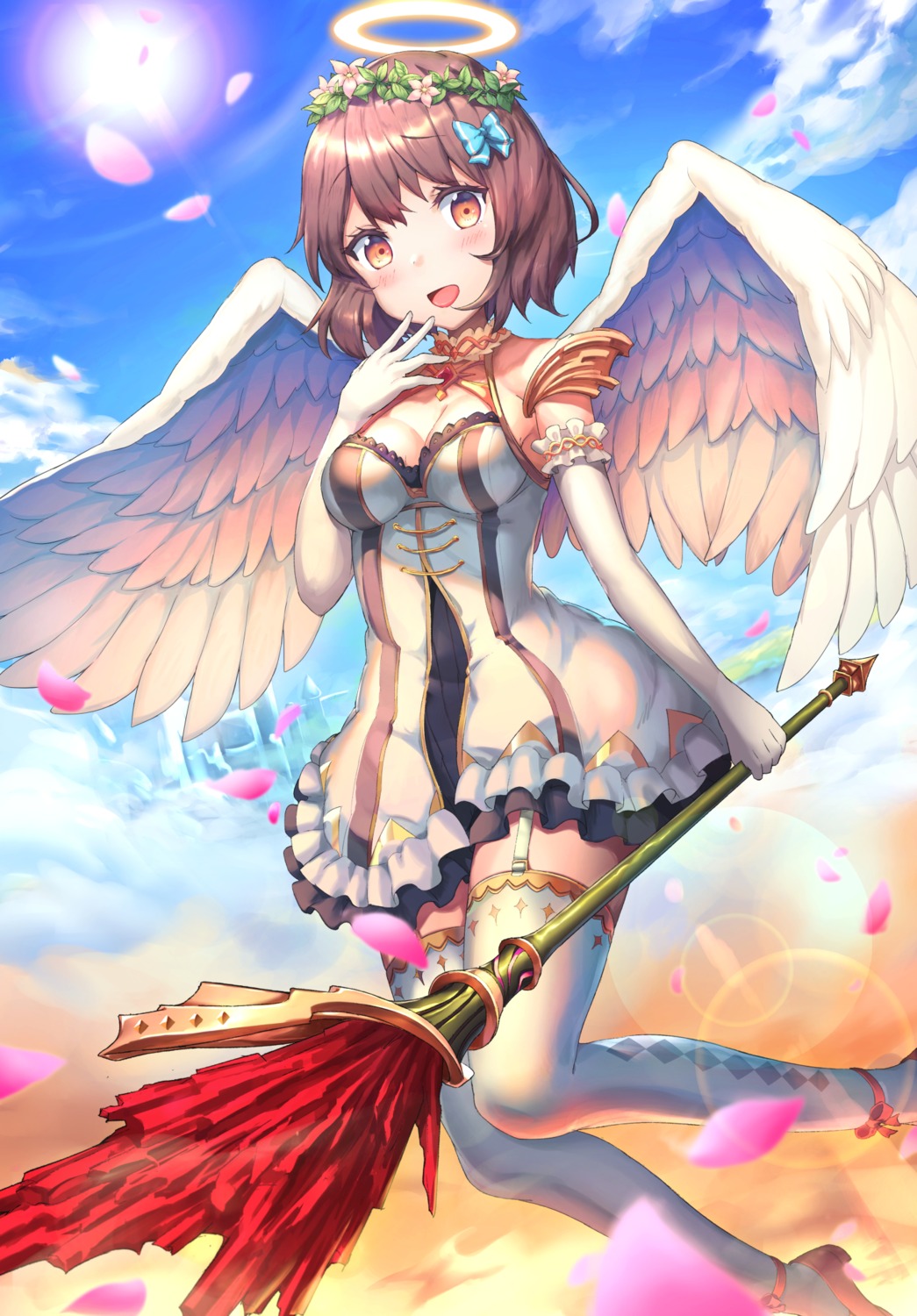 angel cleavage dress heels miya_(tokumei) stockings thighhighs weapon wings