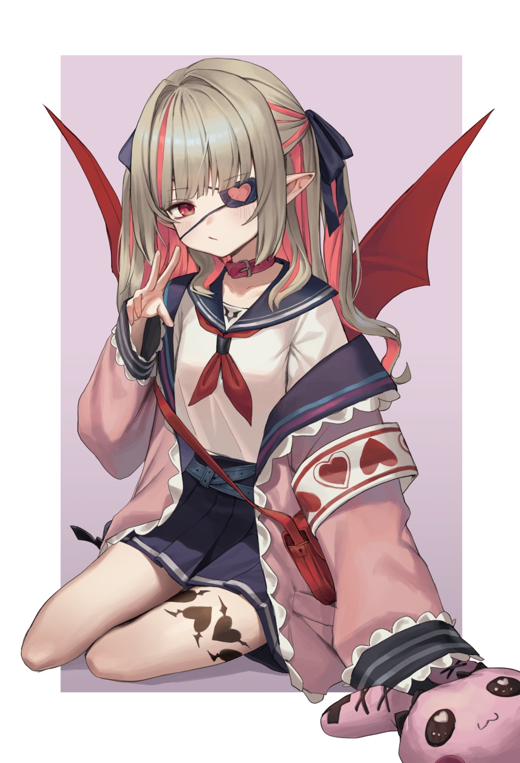 eyepatch makaino_ririmu nijisanji nijisanji_gamers pointy_ears seifuku tattoo wings xi_xeong