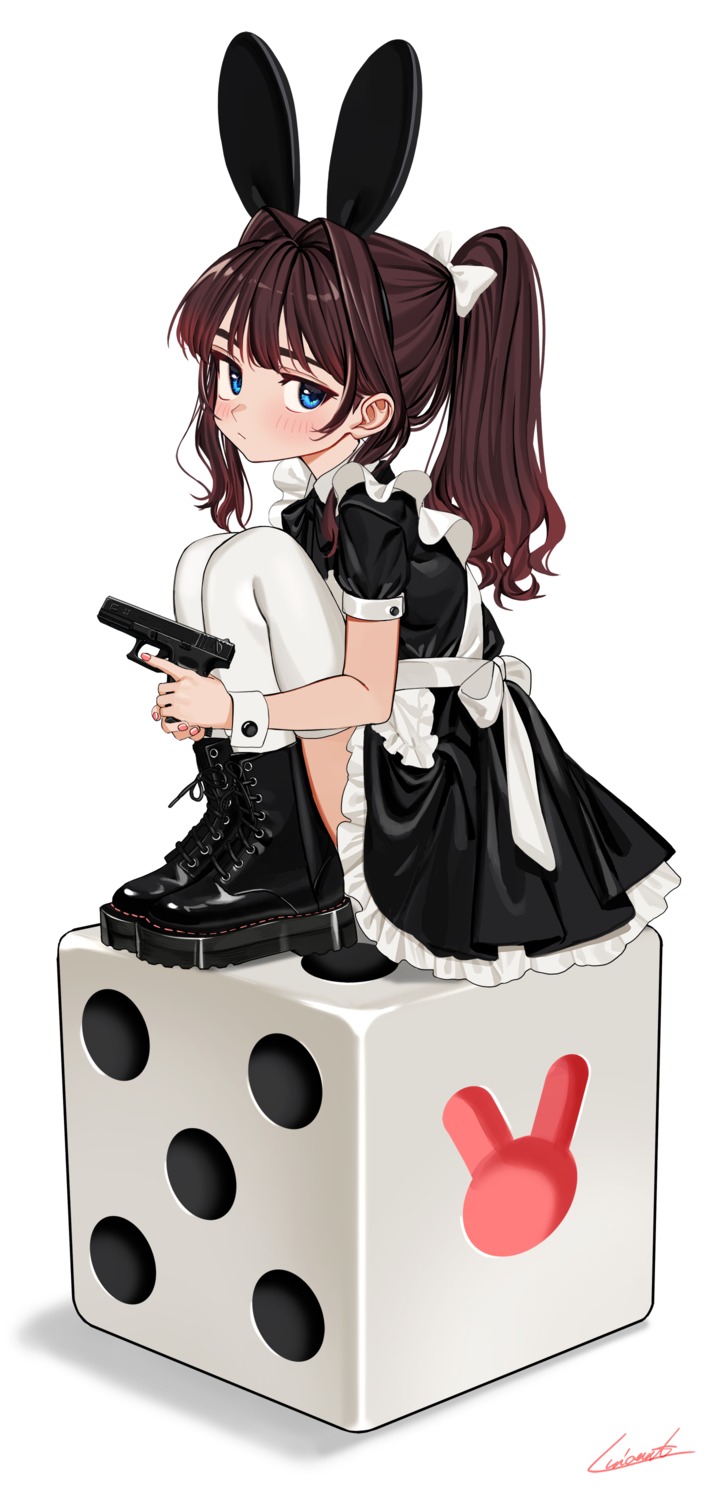 animal_ears bunny_ears gun luicent maid skirt_lift thighhighs