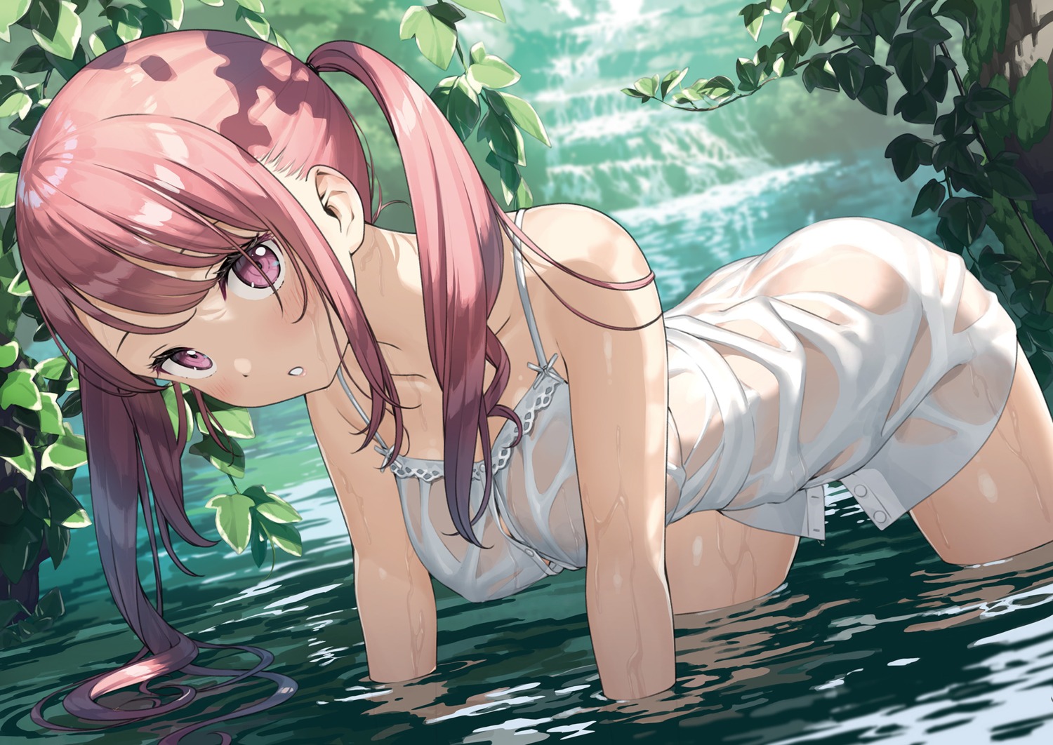 dress erect_nipples kantoku kurumi_(kantoku) no_bra nopan see_through summer_dress wet wet_clothes