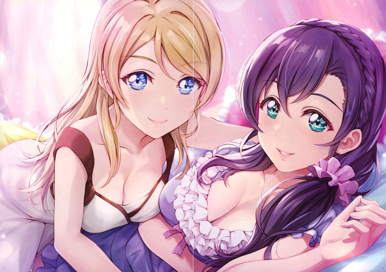 ayase_eli cleavage dress love_live! shamakho toujou_nozomi yuri