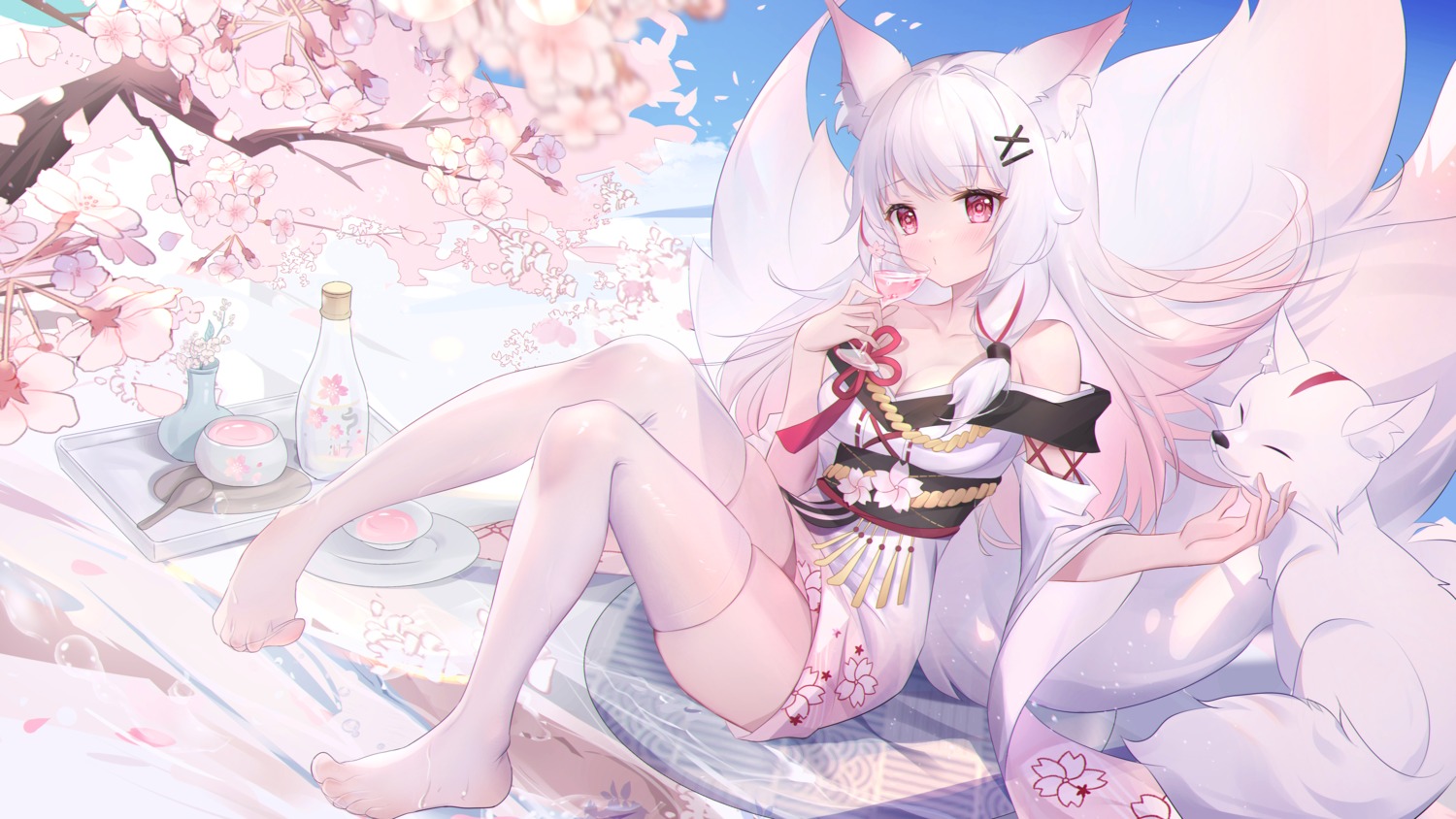 animal_ears cleavage feet japanese_clothes kitsune no_bra skirt_lift somna tail thighhighs