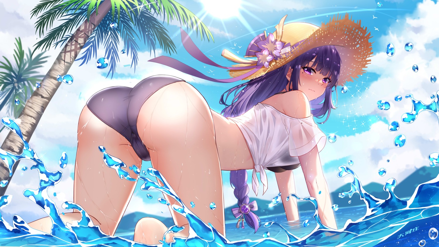 ass bikini cameltoe dahe_zhuang_(yishi_fanhua) genshin_impact raiden_shogun see_through swimsuits wet wet_clothes