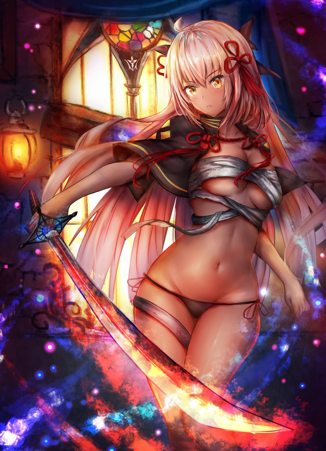 fate/grand_order garter luminous okita_souji_(alter)_(fate) pantsu sarashi sword underboob