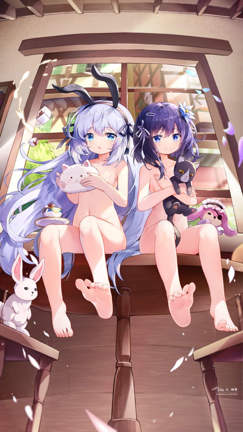 animal_ears artist_revision bunny_ears eyepatch feet fuiba_fuyu gochuumon_wa_usagi_desu_ka? hehehzb kafuu_chino loli naked neko tippy_(gochuumon_wa_usagi_desu_ka?)