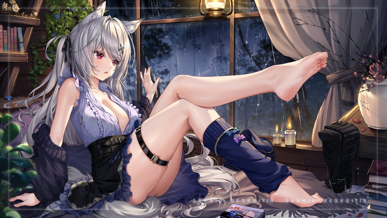 animal_ears feet garter no_bra open_shirt sannio skirt_lift sweater