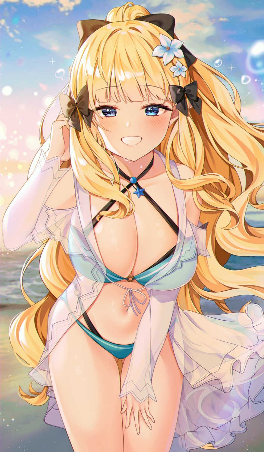 bikini cleavage open_shirt pointy_ears princess_connect princess_connect!_re:dive reel_(riru) sasaki_saren see_through swimsuits