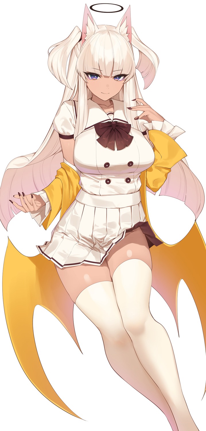 animal_ears nopan seifuku skirt_lift tail thighhighs wings yaman