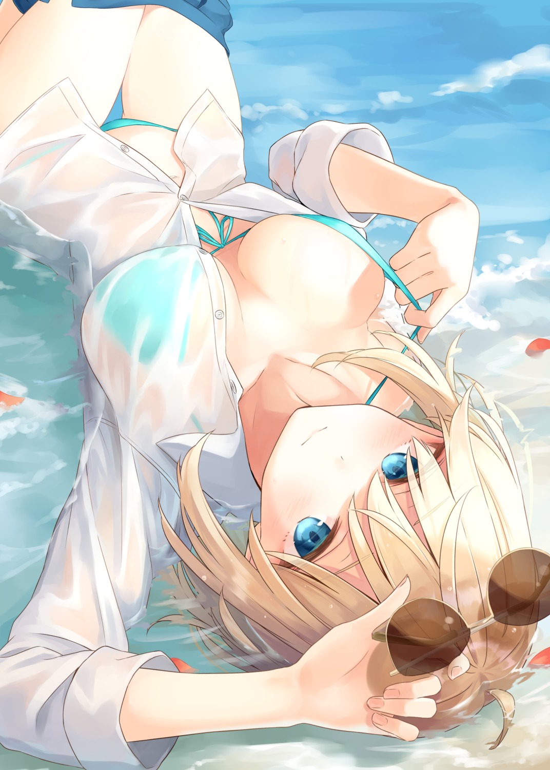 azuuru bikini ciel_arc erect_nipples megane open_shirt see_through seifuku swimsuits undressing wet wet_clothes