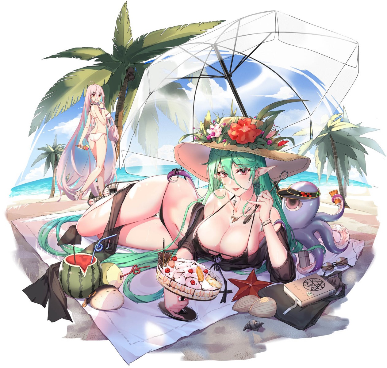 ark_order ass bikini elf jpeg_artifacts open_shirt pointy_ears see_through swimsuits tentacles undressing you_ni_ge_shaobing