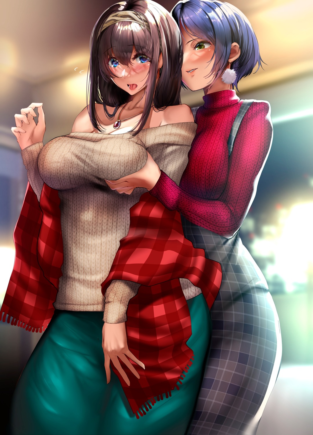 breast_grab hayami_kanade no_bra nohito sagisawa_fumika sweater the_idolm@ster the_idolm@ster_cinderella_girls yuri