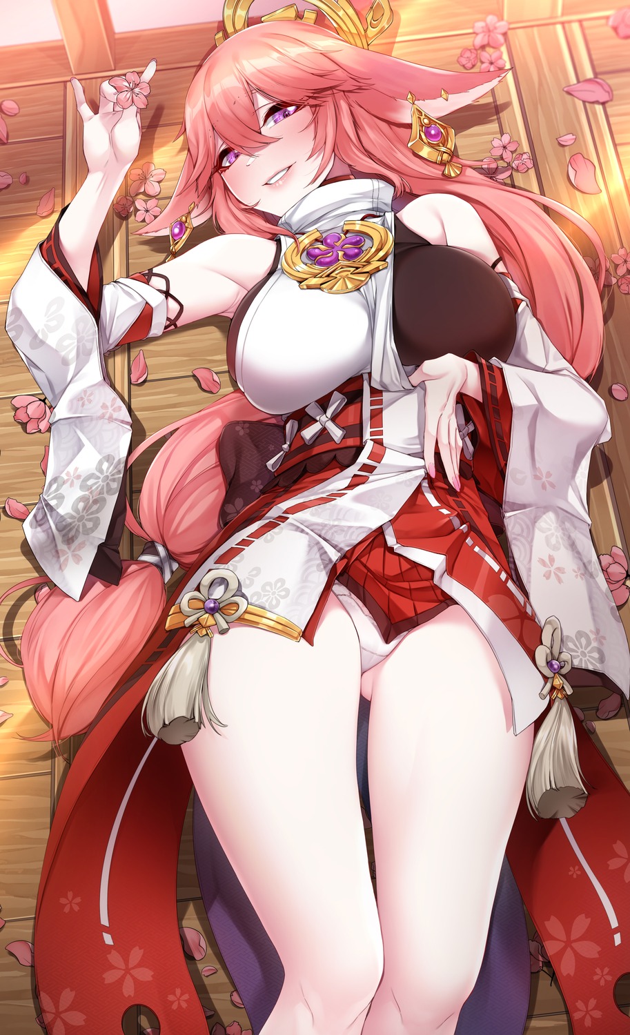 akchu animal_ears cameltoe genshin_impact japanese_clothes kitsune pantsu skirt_lift yae_miko