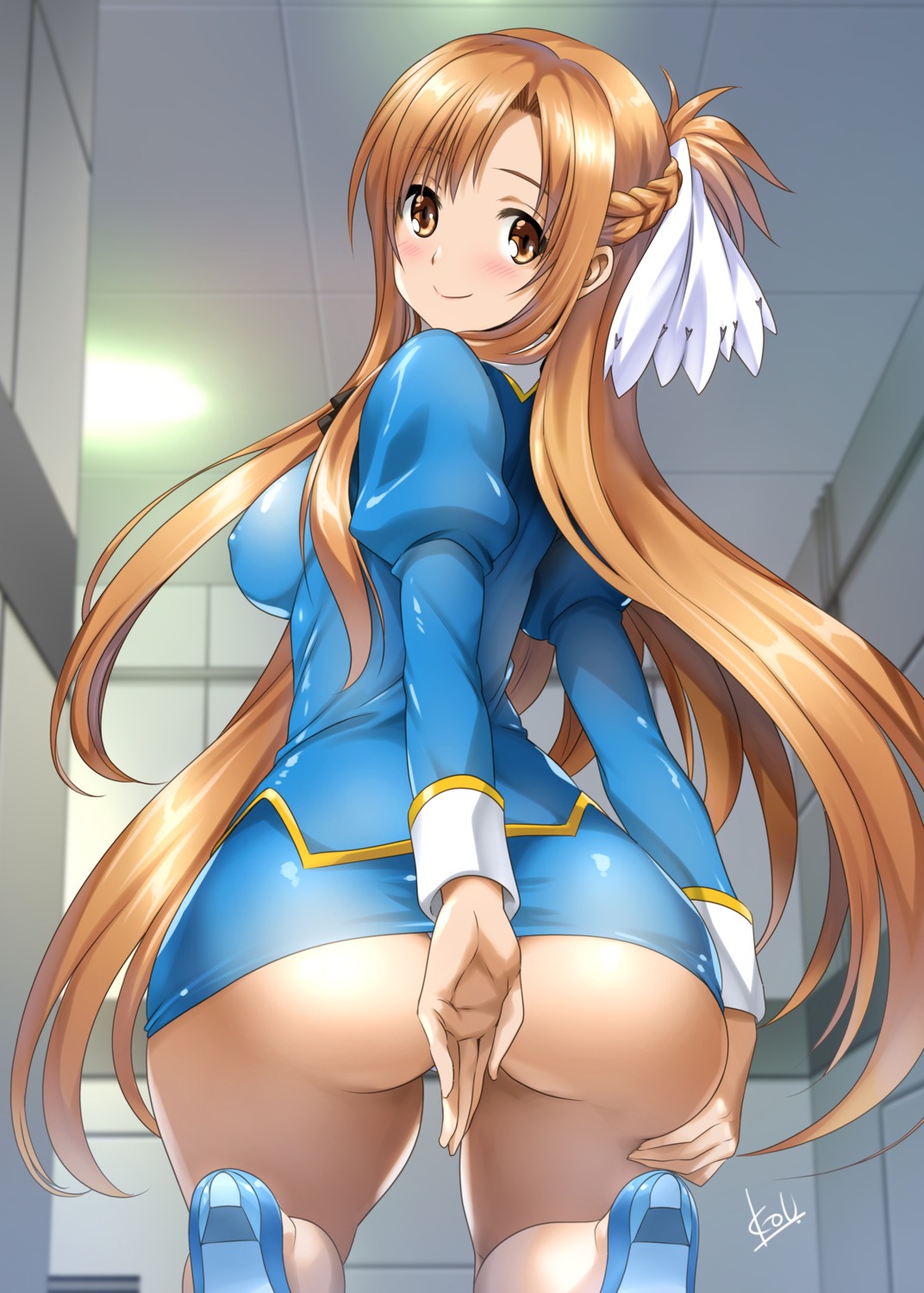 agent_aika aika_(series) ass asuna_(sword_art_online) blue_delmo cosplay erect_nipples heels mitarashi_kousei pantsu skirt_lift sword_art_online sword_art_online_alicization uniform