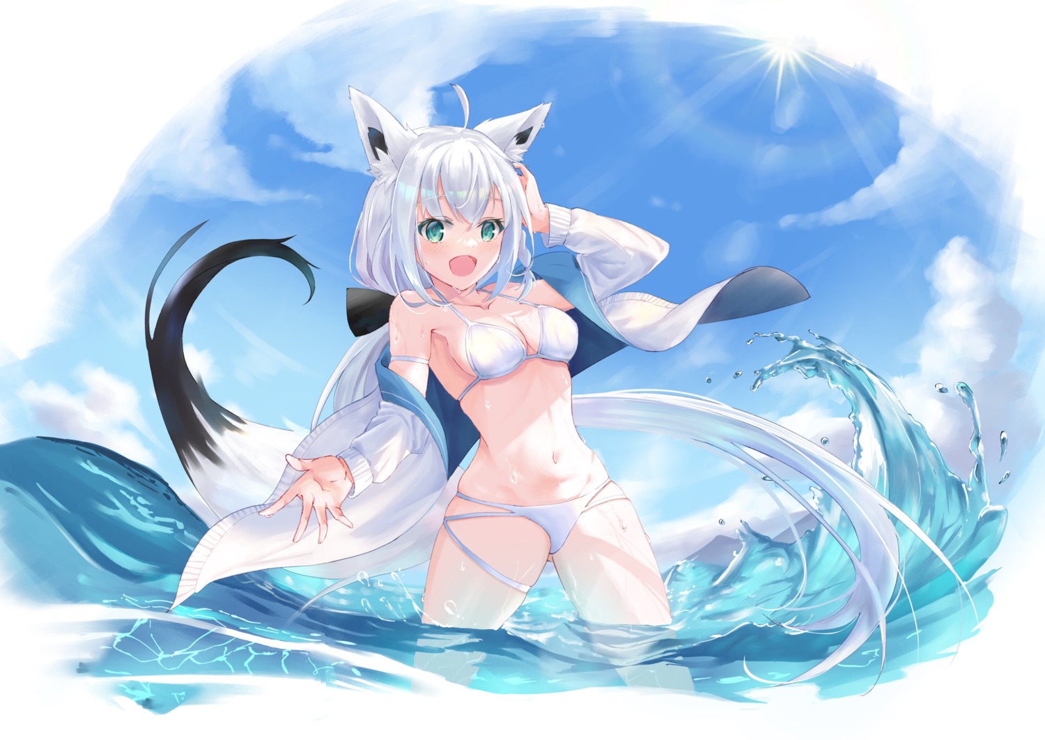 animal_ears bikini garter hololive hololive_gamers kitsune mizuren open_shirt shirakami_fubuki swimsuits tail wet