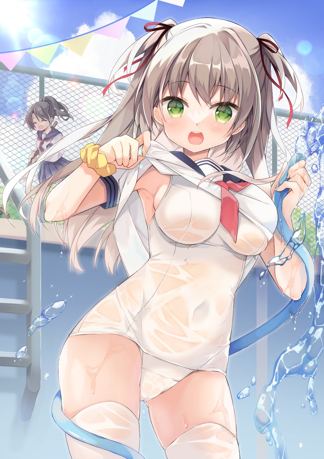 cameltoe purin_purin school_swimsuit see_through seifuku shirt_lift swimsuits thighhighs undressing wet wet_clothes