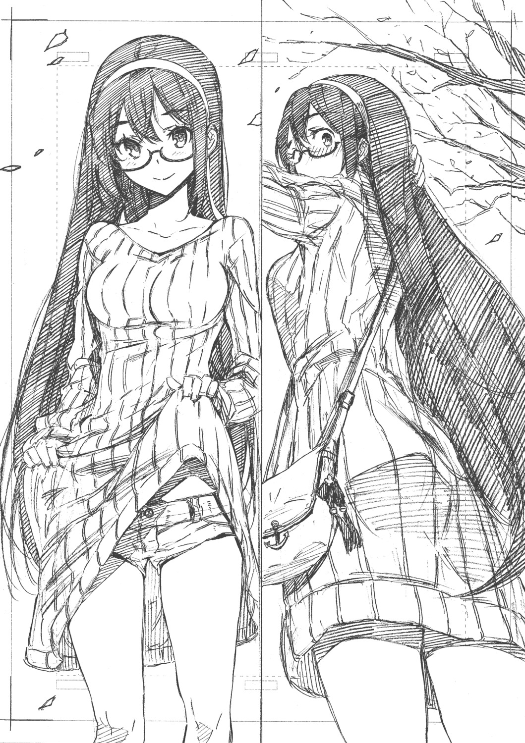 kantai_collection kojima_takeshi megane monochrome ooyodo_(kancolle) sketch skirt_lift sweater