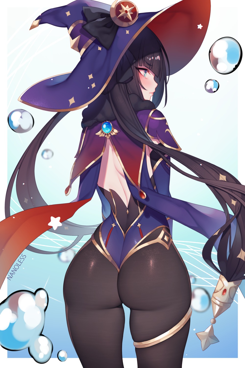 ass garter genshin_impact leotard mona_megistus nanoless no_bra pantyhose witch