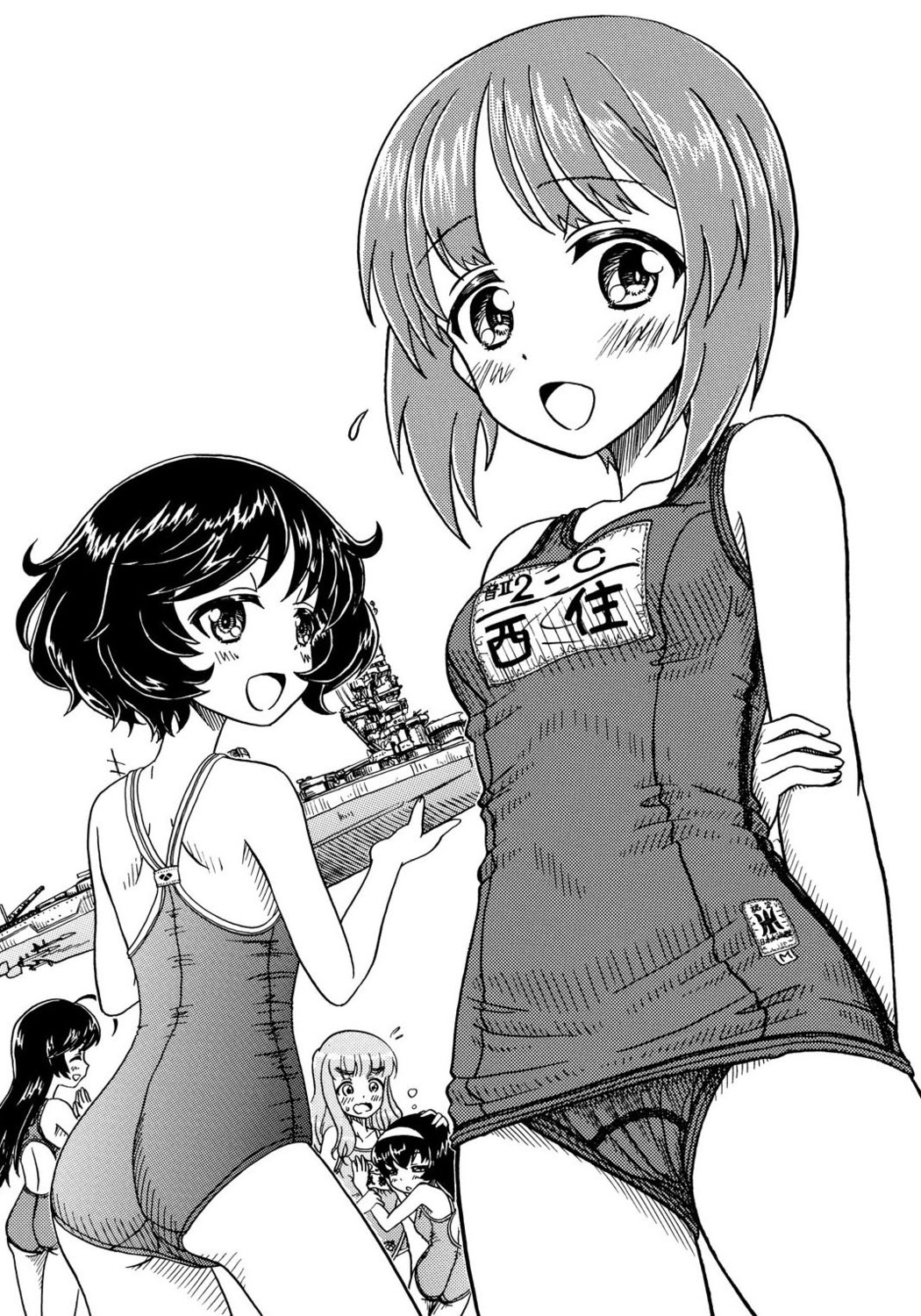 akiyama_yukari ass girls_und_panzer hidaka_medaka monochrome nishizumi_miho school_swimsuit swimsuits