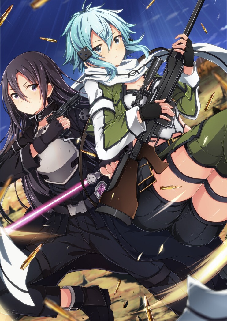 gun gun_gale_online jianren kirito sinon sword_art_online thighhighs