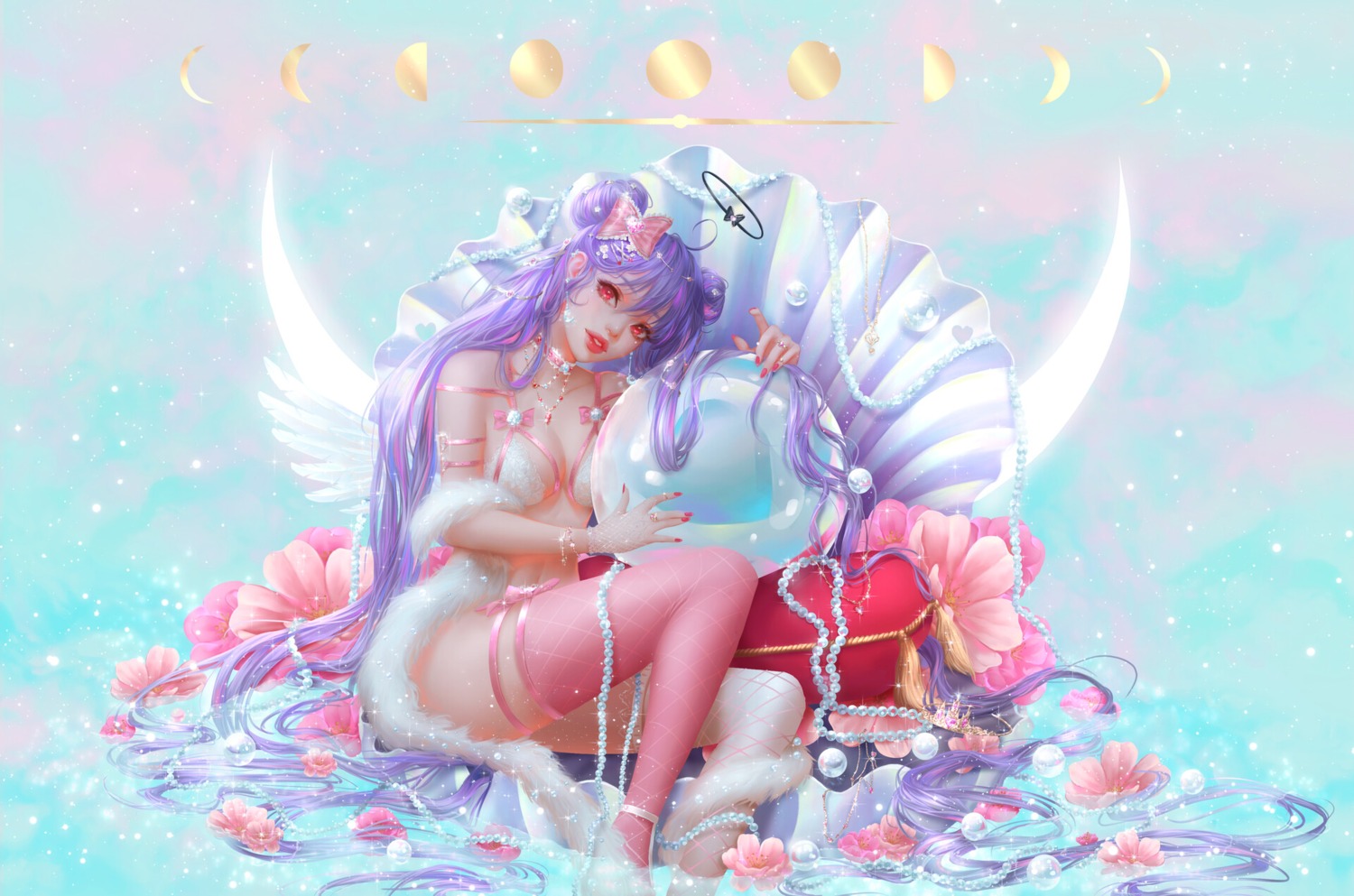 angel bra cleavage fishnets garter karina_(rena_illusion) rena_illusion stockings thighhighs wet wings