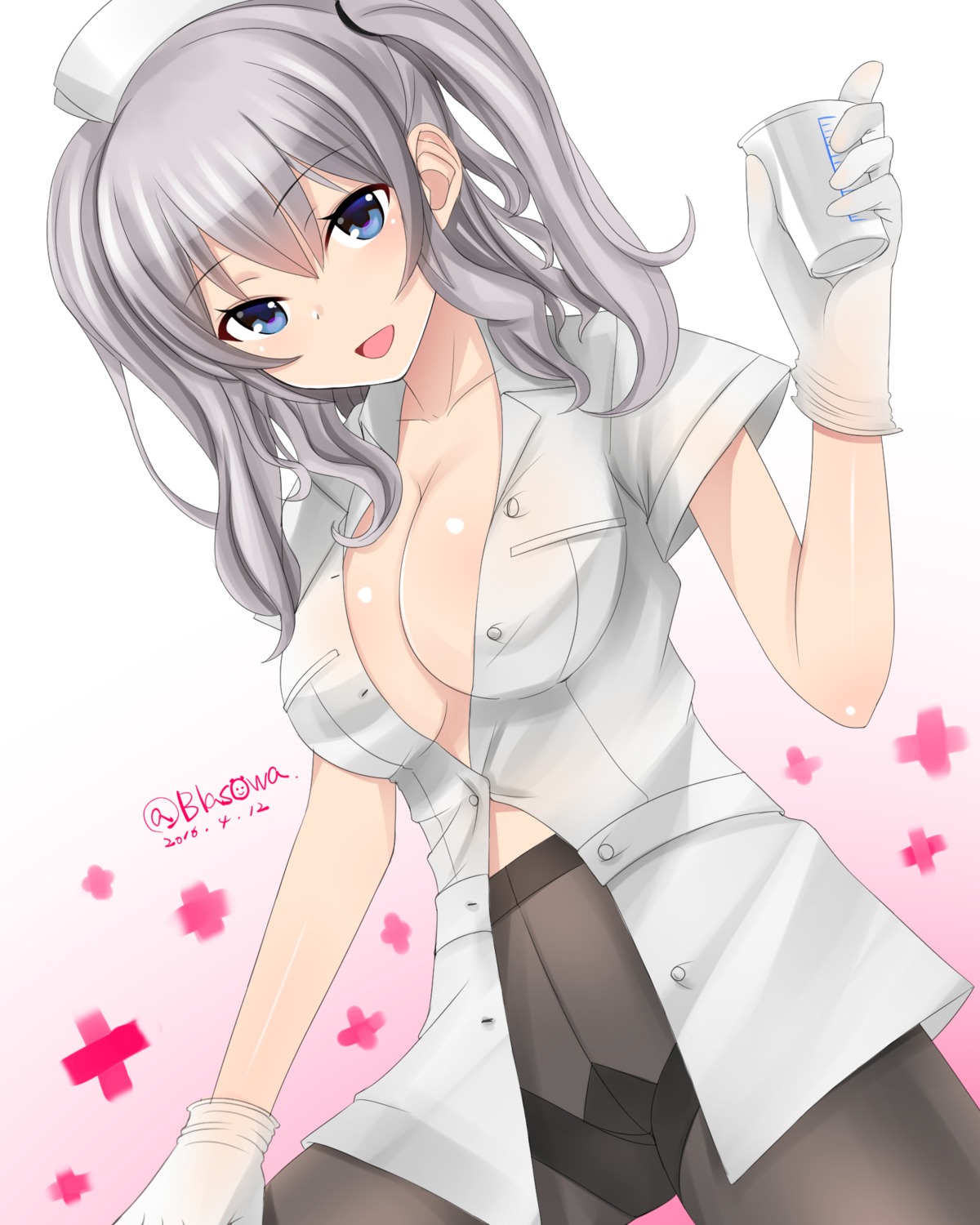 blasowa kantai_collection kashima_(kancolle) no_bra open_shirt pantyhose see_through