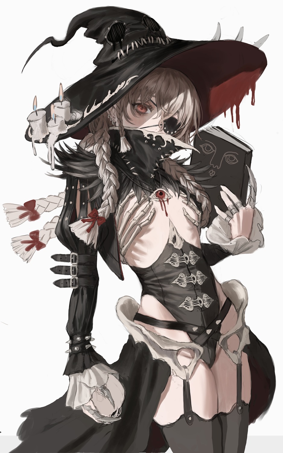 eyepatch gold_can no_bra stockings thighhighs witch