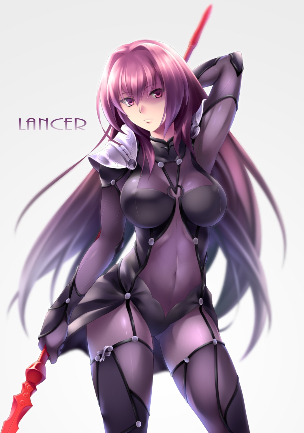 armor bodysuit erect_nipples fate/grand_order fate/stay_night kokutou scathach_(fate/grand_order) stockings thighhighs weapon