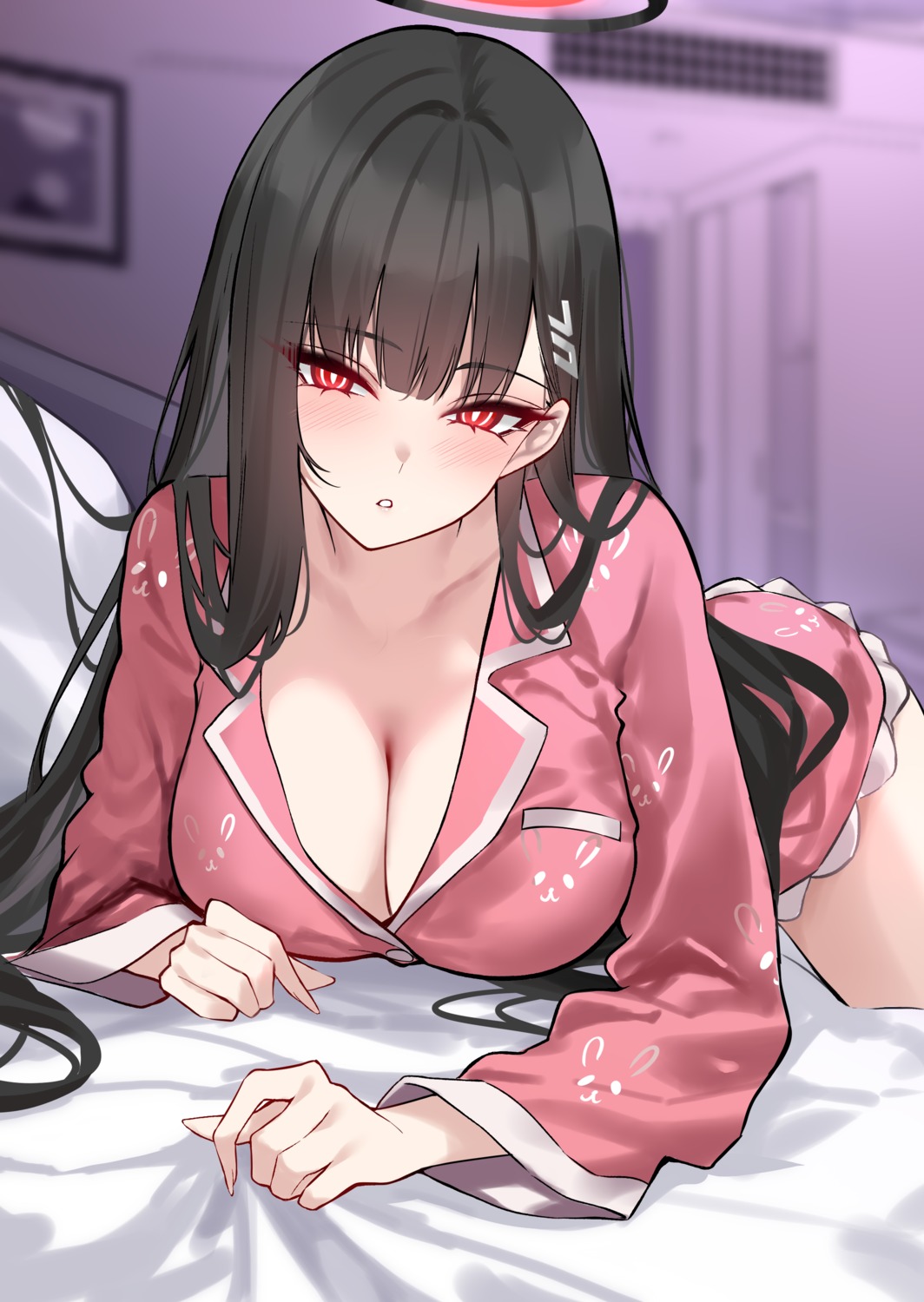 artist_revision blue_archive cleavage halo no_bra open_shirt pajama shigure tsukatsuki_rio