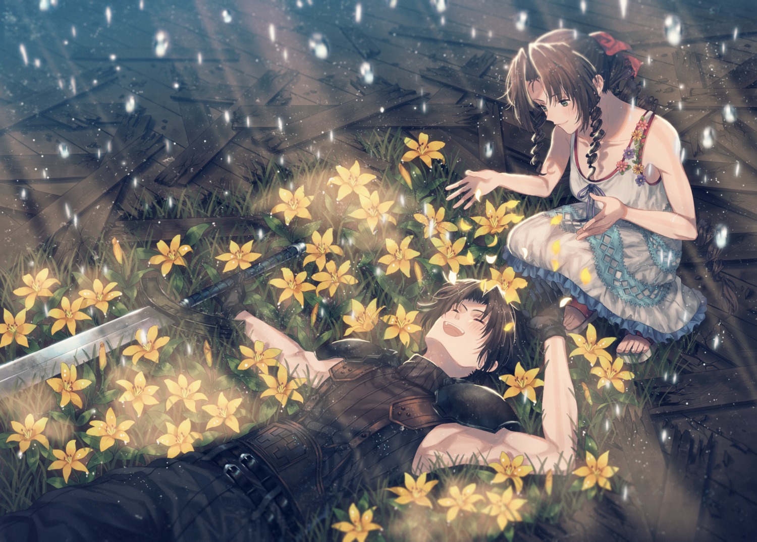 234_(artist) aerith_gainsborough dress final_fantasy final_fantasy_vii sword zack_fair