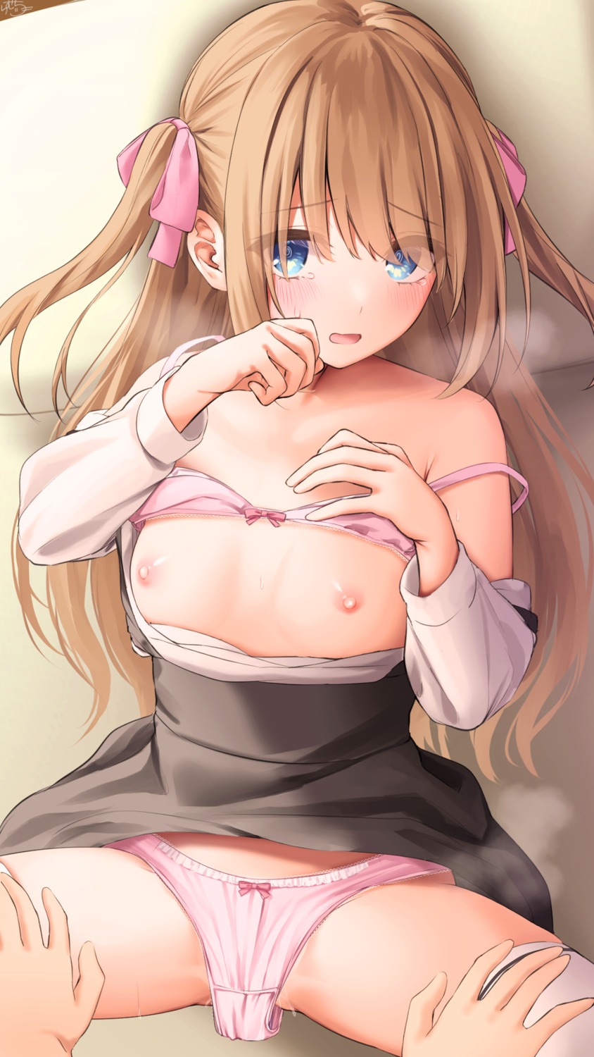 bra breasts nipples open_shirt pantsu pussy_juice ramchi skirt_lift thighhighs