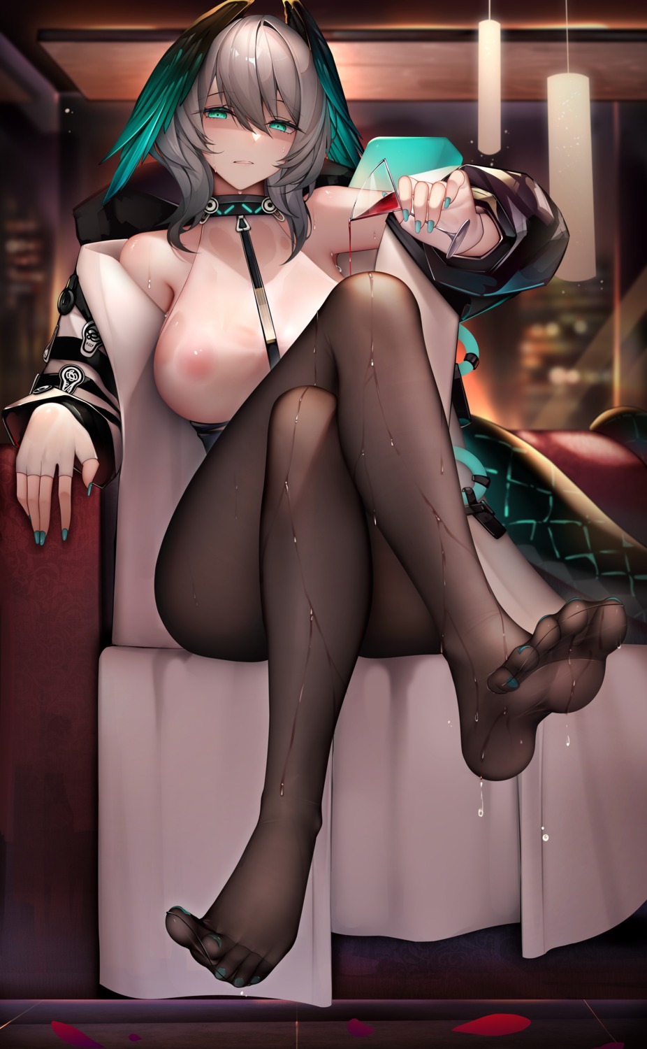 areola arknights feet ho'olheyak no_bra pantyhose see_through tail wet wet_clothes wings zhixue