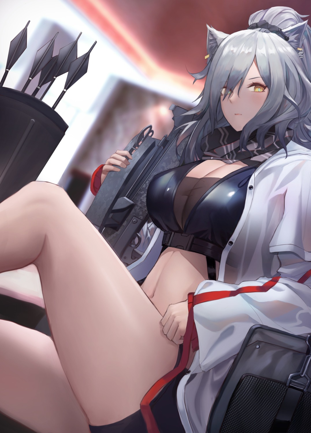 animal_ears arknights cleavage eru_(eru_illust) schwarz_(arknights) weapon